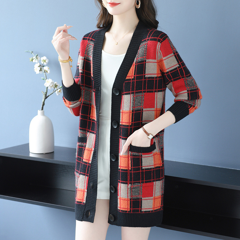 2025秋冬新款拼色毛衣女外套气质韩版女装宽松中长款针织开衫