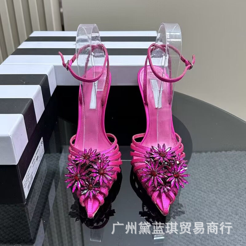 2023夏季真丝条带编织镂空水钻花朵包头中空后扣带欧美高跟凉鞋|undefined