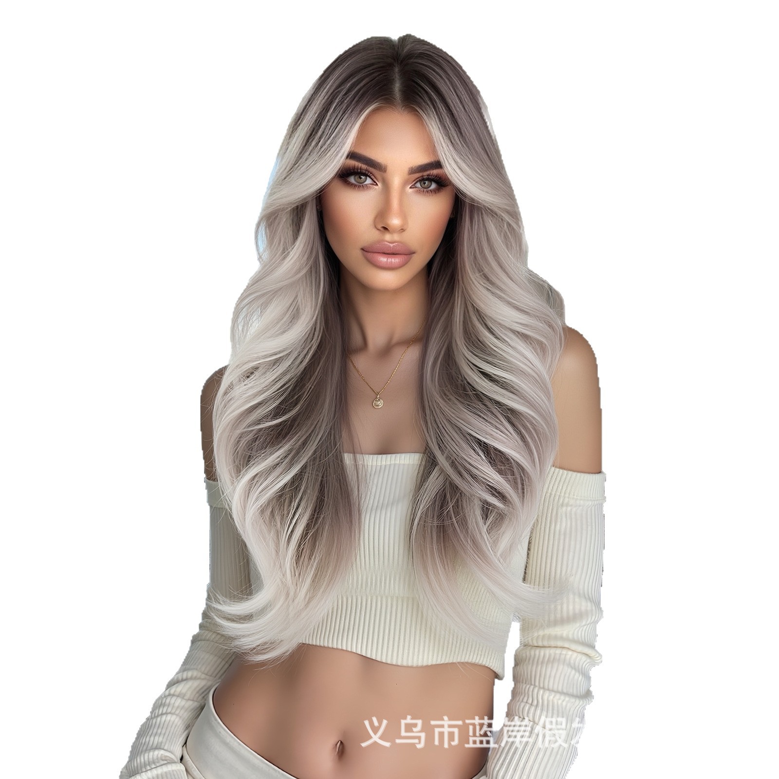 Estilo europeo y americano nueva peluca larga y rizada gradiente gris gran onda mate seda de alta temperatura cabello de fibra química cubierta completa en stock