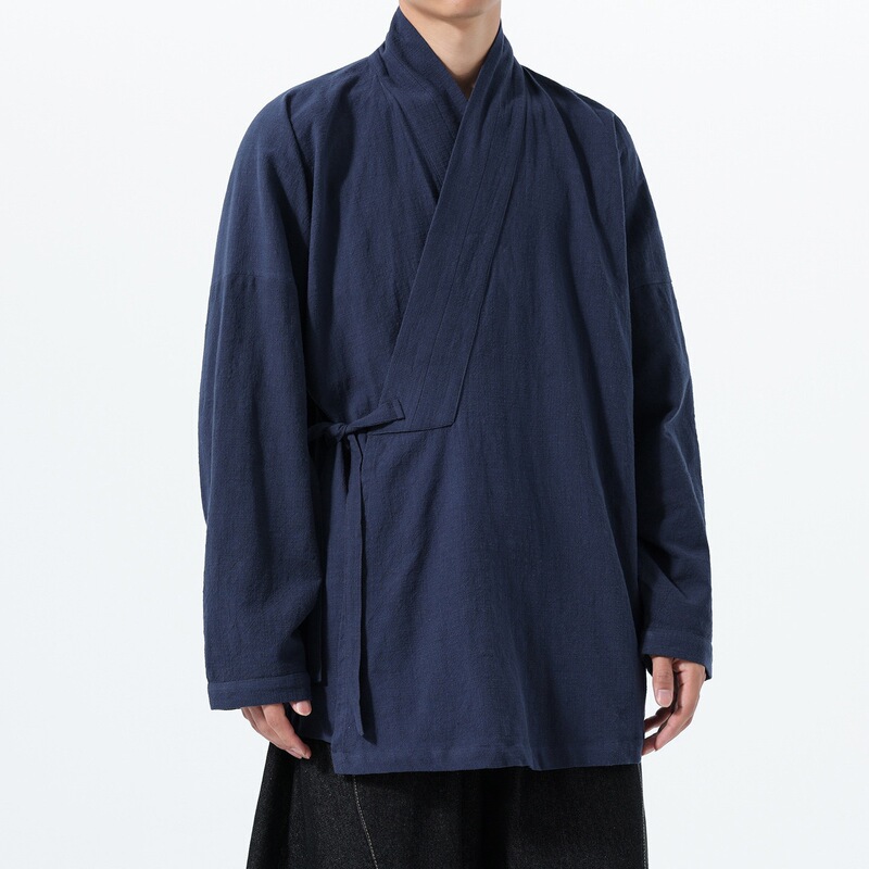 Autumn and winter cotton-linen cross-collar Hanfu men's robe with tie, Chinese-style meditation clothing, large size Chinese-style long gown
