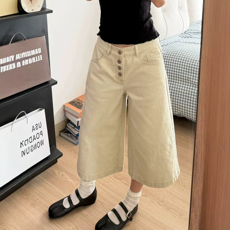 Wide-Leg Loose Jeans for Women, Summer Cropped Denim Shorts, Thin Summer Cropped Wide-Leg Pants for Women, Khaki Wide-Leg Loose Jeans for Women, Summer Cropped Denim Shorts, Thin Summer Cropped Wide-Leg Pants for Women, Khaki