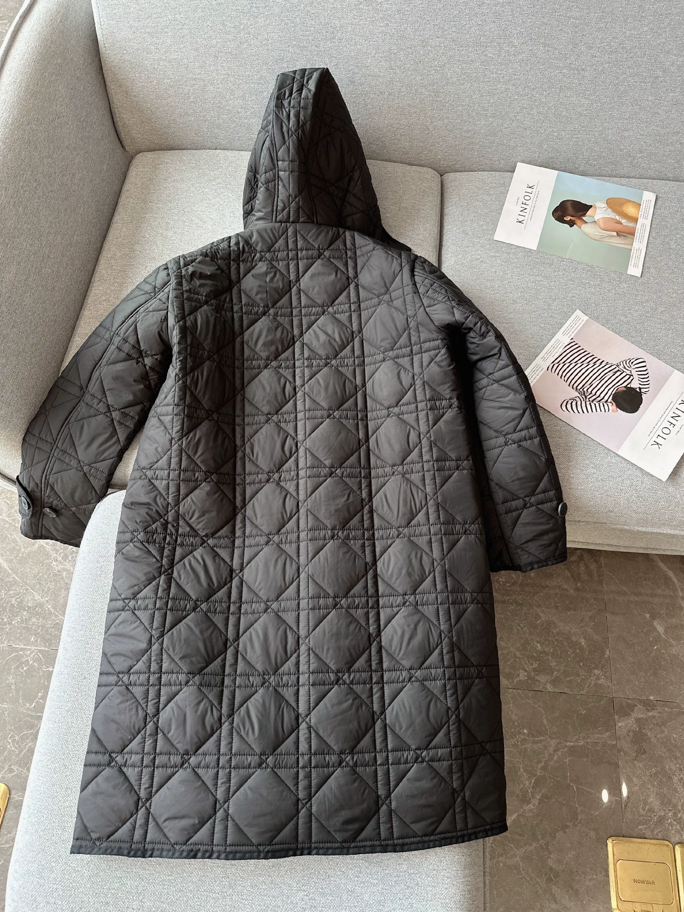 Black down jacket with diamond pattern, hoody with hood, 2023 collection