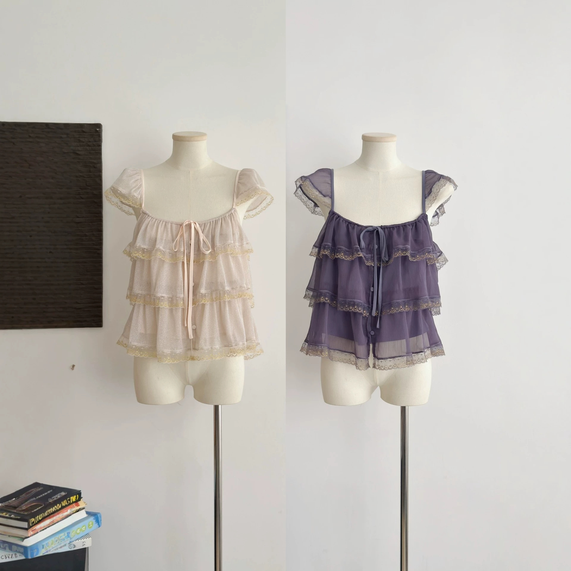 Panhaligen's Ruffled Lace Layered Small Flutter Sleeve Square Neck Camisole Women's Purple Gold and Silver Ye Hong Clothing