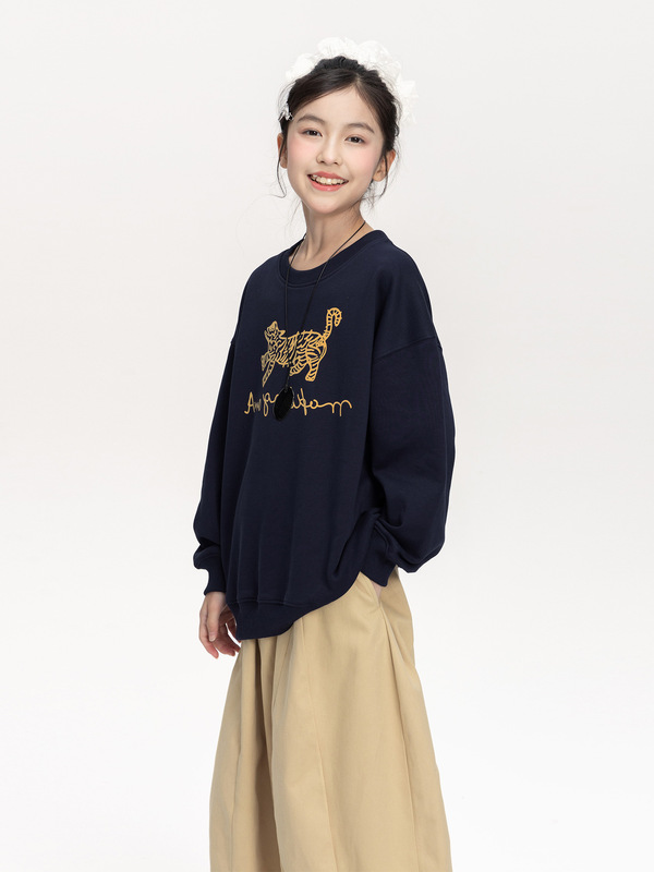 女童手绘金钱豹印花卫衣2025秋装新款儿童韩版宽松百搭长袖上衣潮|undefined