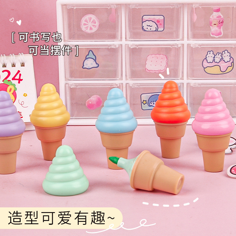 Cono creativo cono de helado resaltador estudiante de la Escuela Primaria 6-color marca graffiti mini diario bolso de la pluma al por mayor