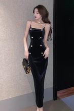欧美2025秋跨境外贸名媛性感吊带修身包臀礼服连衣裙