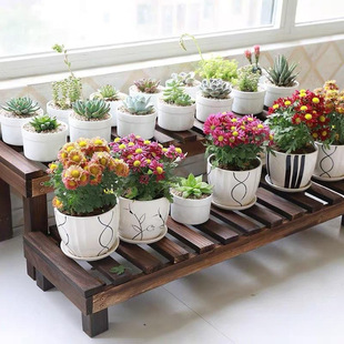 Flower Rack Storage Rack Solid Wood Carbonized Ladder Multi-Layer Balcony Floor-Standing Antiseptic Wood Indoor and Outdoor Pothos Flower Pot Rack