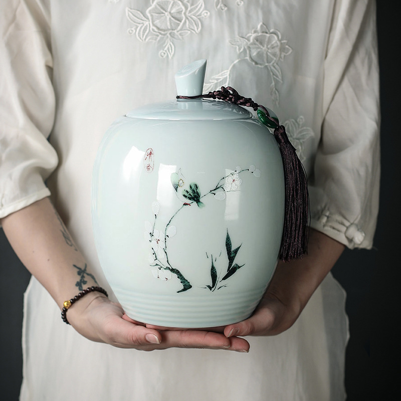 茶叶罐陶瓷大号青瓷存储茶罐密封罐普洱白茶绿茶通用1斤装礼盒空