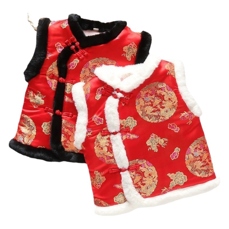 Праздничный новогодний жилет, Детский костюм Тан, ханьфу, утолщенный хлопковый жилет на флисовой подкладке для мальчиков и девочек, одежда для выступлений в китайском стиле с двойным Даном