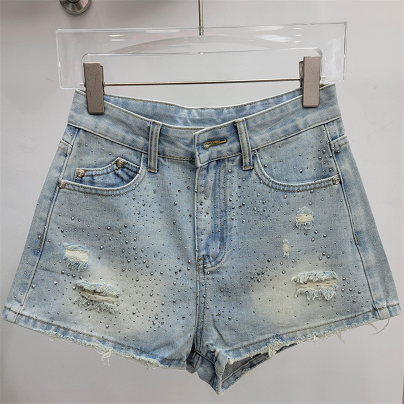 Shorts Vaqueros con Pedrería de Poliéster y Mezclilla Con Pedrería, De Cintura Baja