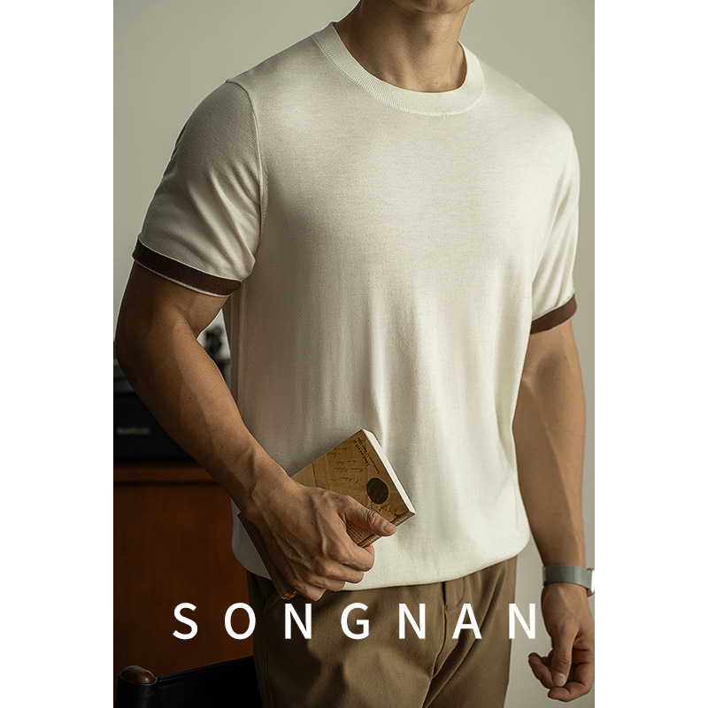 SONGNAN桑蚕丝混纺针织打底衫短袖T恤男士圆领休闲商务秋上衣