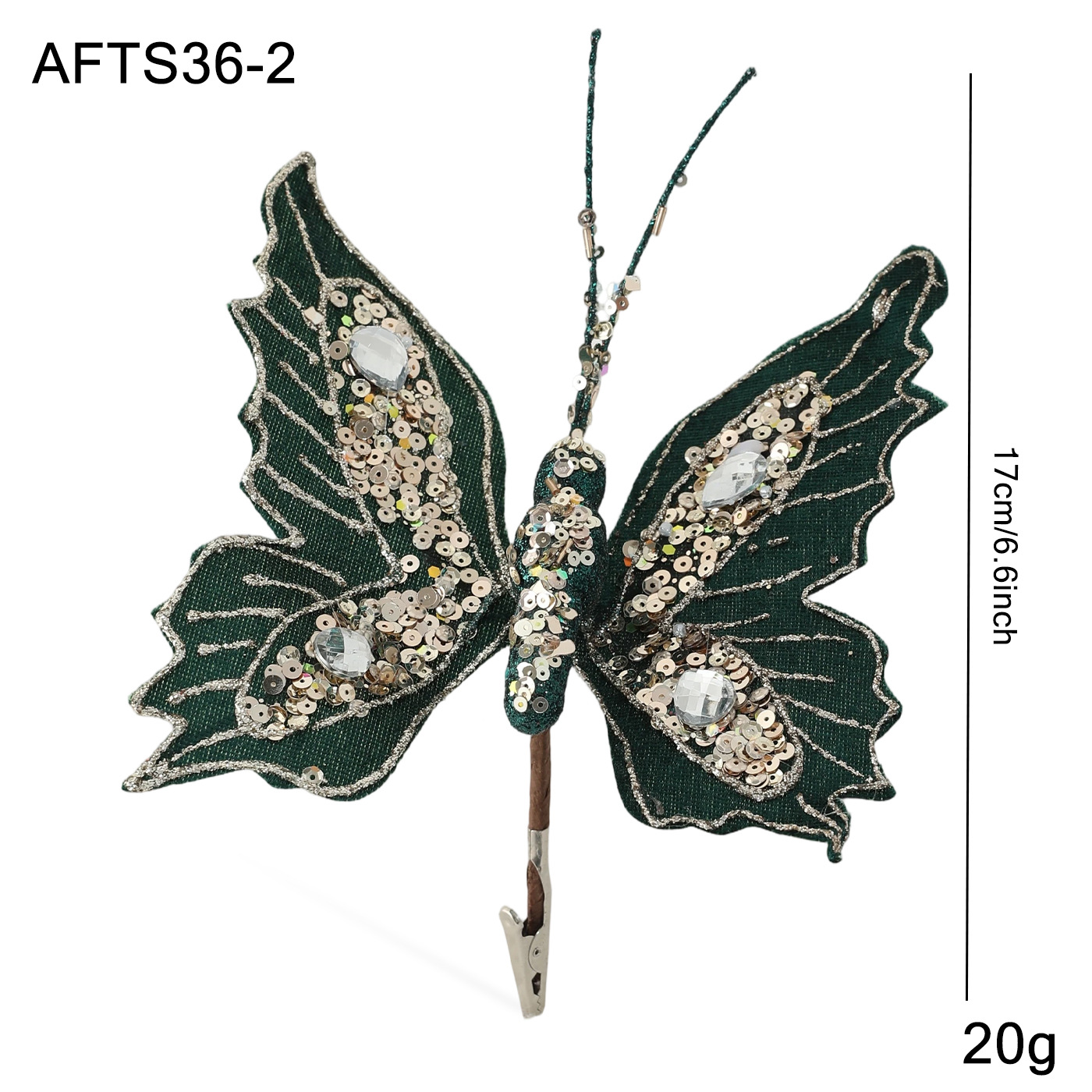Nuevos productos de simulación de color polvo brillante sequinado clip mariposa árbol de Navidad polvo perla clip decoración colgante