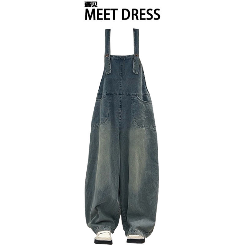 Vintage Washed Distressed Overalls for Women, Summer Thin Loose Slimming Casual Straight Wide-Leg Denim Pants