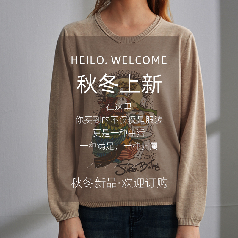 亚马逊流行欧美新款创意底纹印花后圆领毛衣外贸中性装秋冬款3365