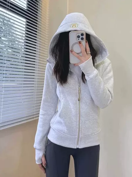 Lulu original embroidered Scuba jacket slim-fit sweatshirt with fleece lining, warm yoga wear, casual sports yoga top