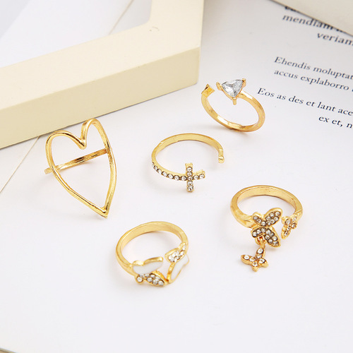 Cross-border cross-triangle heart full diamond butterfly ring set 5 pieces creative retro women's joint ring