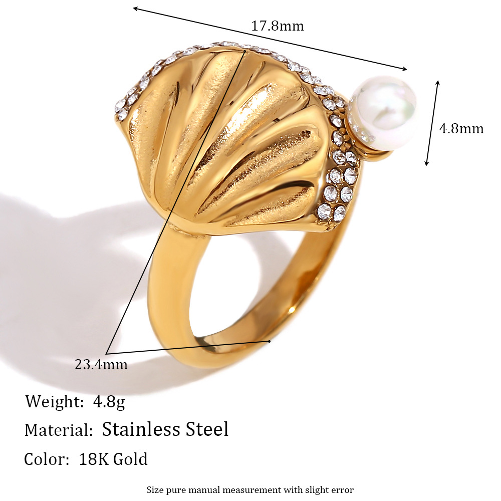 Stainless Steel Scallop Pearl Diamond Inlaid Ring