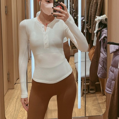 New HT Henry Shirt Women's Long-Sleeve T-Shirt, Slim-Fit Yoga Wear, High-Elastic Ribbed Knit V-Neck Base Layer with Buttons for Sports