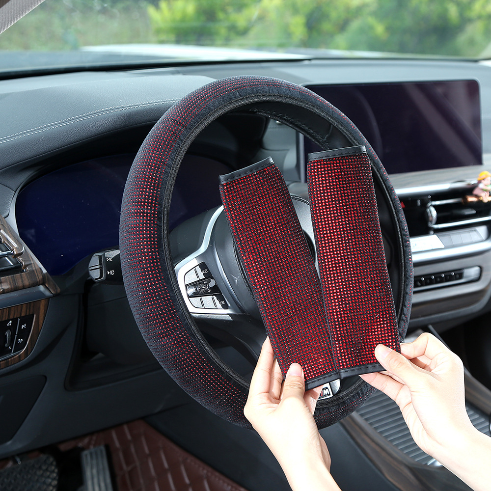 Full-diamond car steering wheel cover, dazzling rhinestone seatbelt shoulder pad, universal for all seasons, rearview mirror protective cover, wholesale