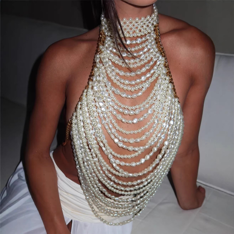 Direct Sales from the Manufacturer to Europe and America, Amazon's New Holiday Heavy-Duty Pearl Vest, Sexy Hot Girl Multi-Layered Top with Chest Chain for Women