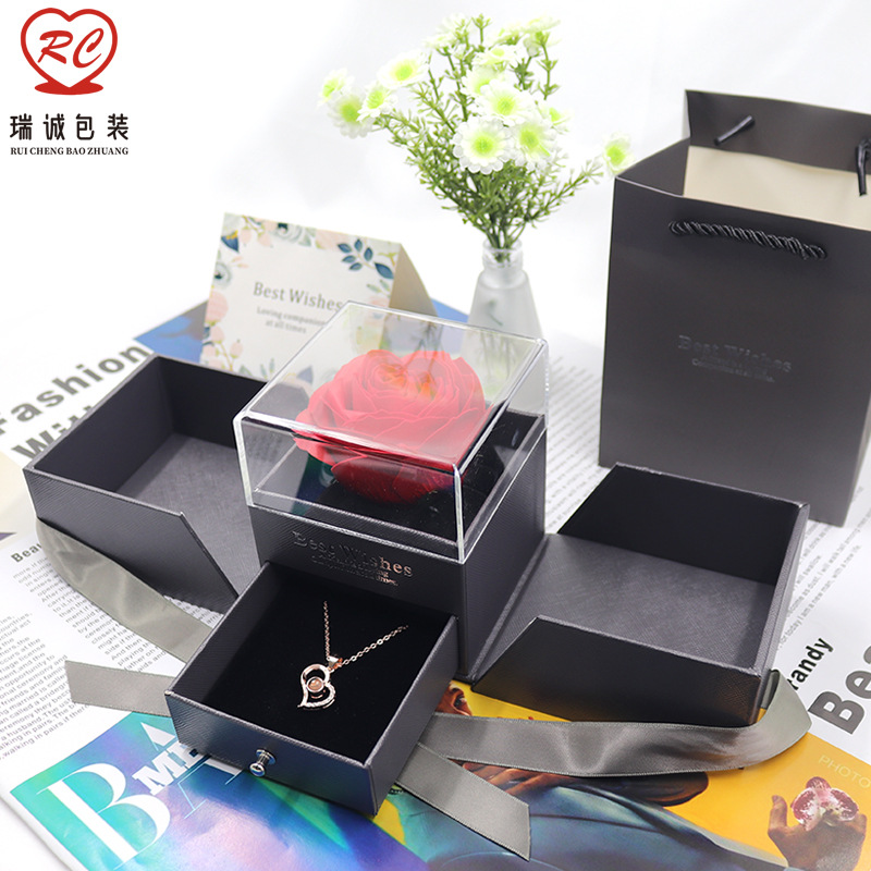 情人节礼盒 现货花盒 亚克力礼盒透明盒 玫瑰花盒 黑色永生花礼盒