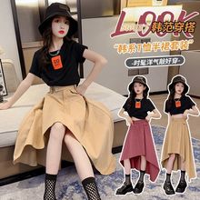女中童夏装2025新款潮范波拉裙两件套时尚不规则棉布裙套装