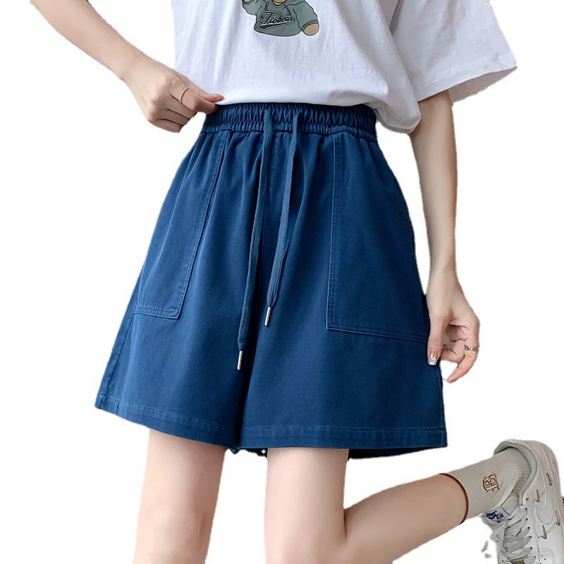Denim sports shorts, thin trousers, plus size, high waist, drawstring, loose fit