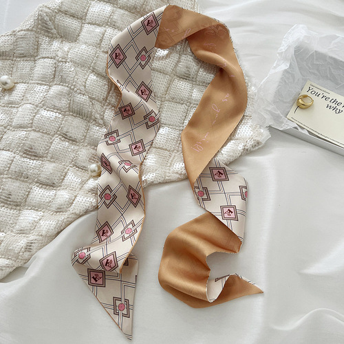 Elegant Beige Color Small Silk Scarf with Tassel Multi-functional Spring Hair Tying Fashion Long Narrow Collar Scarf Ins Korean Version