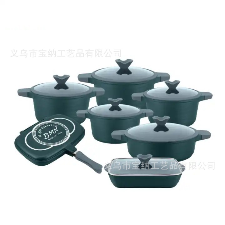 Customizado BMN antiadherente conjunto de arroz de piedra 14pcs aluminio prensado conjunto de cocina de doble cara para asar a platos de pescado image 6