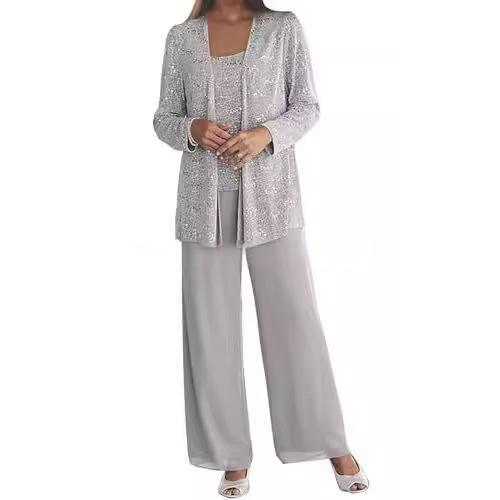 2026 European and American New Fashion Three-Piece Lace Cardigan Mom Outfit Pants Set Dress for Aliexpress and Wish