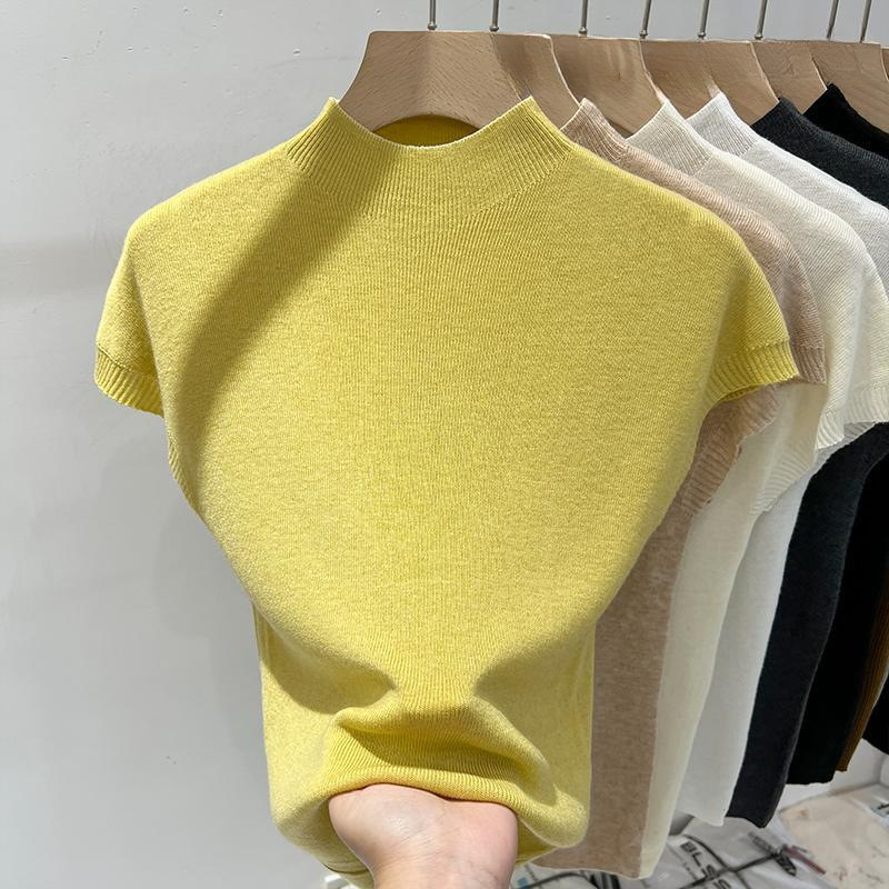 半高襟飛袖ニット服女性夏2025新型欧品修身袖なし上着底シャツ女性インナー|undefined