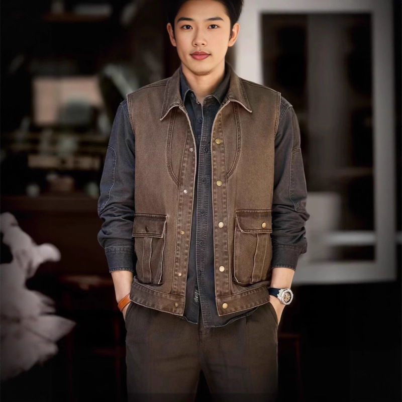 Spring and Autumn New American Retro Workwear Denim Vest Men's Trendy Outerwear Waistcoat Jacket Casual Jacket