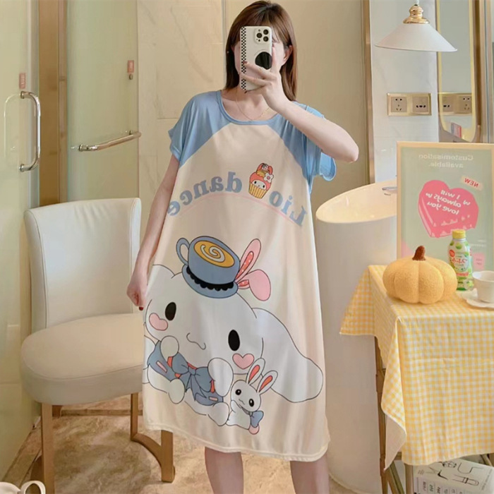 Camisón de las mujeres del verano Delgado manga corta nueva línea rojo estilo pijamas dibujos animados lindo señoras vestido flojo desgaste hogar