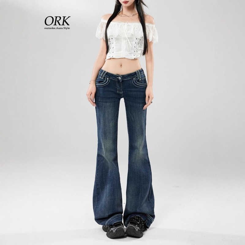 Washed Blue Ultra-Low-Waist Stretchy Flared Jeans for Women, American Retro Style, Versatile, Slimming, Floor-Length Bell-Bottom Pants