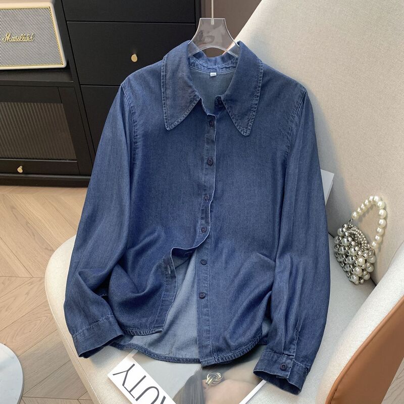 Thin Tencel Denim Shirt Women's Long-Sleeved Autum New Dark Blue Pointed Collar Right Shoulder Slimming Look Layered Shirt for Small People