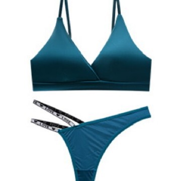Cross-Border European and American Style Sexy Deep V Wireless Bra Set, French-Style Glossy Swimwear Fabric Lingerie with Fine Glitter Silver Lettering