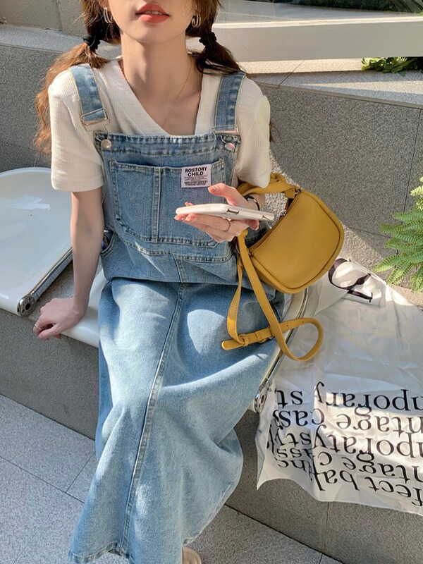 Korean Retro Age-Reducing Denim Suspender Dress for Women Summer New Loose Mid-Length Slim Suspender Skirt Long Skirt