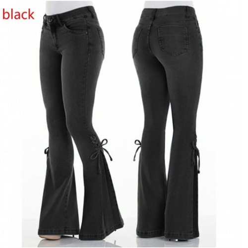 Women's European Style Mid-Waist Belted Denim Long Pants Stretch Denim Women's Bell Bottom Pants