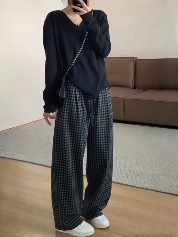 棋盘格子阔腿裤女春秋2025新款高腰显瘦宽松慵懒垂感直筒休闲裤子|undefined