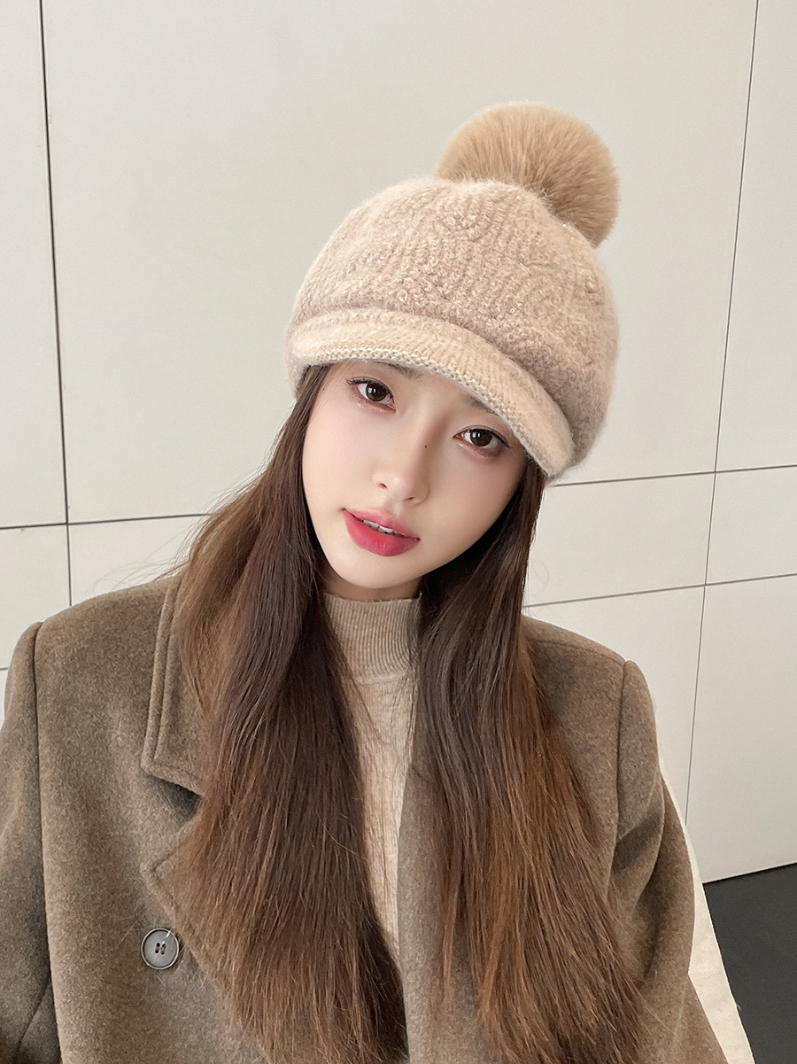 Herbst und Winter Samt Kaninchenfell Damen Baseballmütze Textur Pailletten Wollknäuel Gestrickte Entenschnabelmütze Trend Warme Mütze Garnmütze_voghion.com