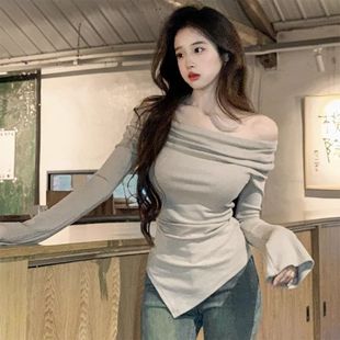 Spice Girl Irregular Shoulder Clavicle Long-sleeved T-shirt Women's Autumn 2024 New Slim-fit Slim-fit Base Shirt Top