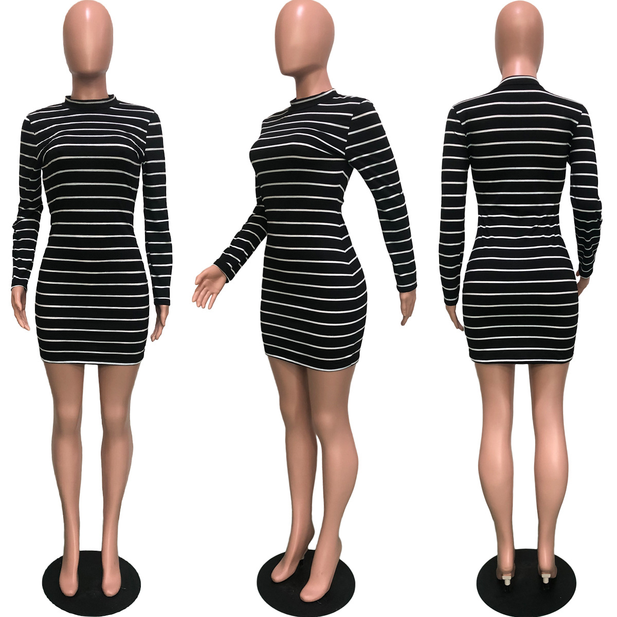 Women Clothing Striped Long Sleeve Short Dress