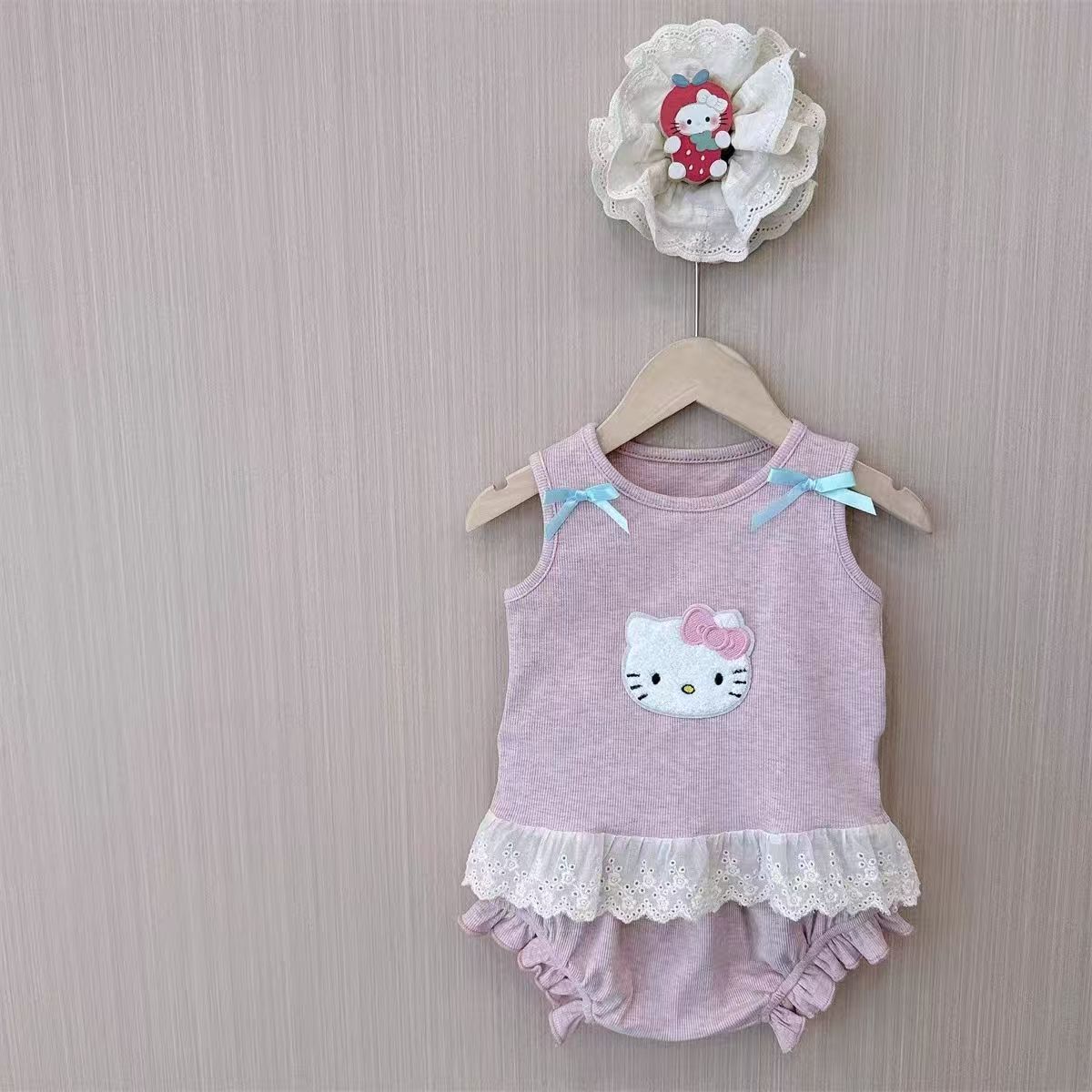 2026 Summer Sling Set for Baby Girls, Infant Lace Vest and Cat Shorts Two-Piece Set, Thin and Cute
