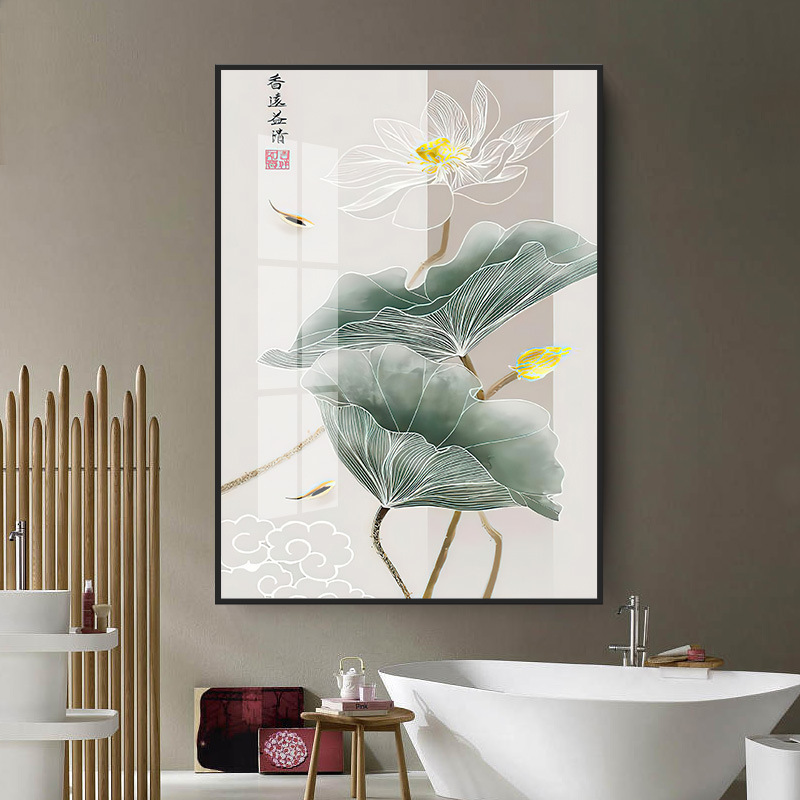Toilet Hanging Painting Waterproof New Chinese Lotus Toilet Wall Mural Hotel Bathroom Hole Free Toilet Decoration Painting