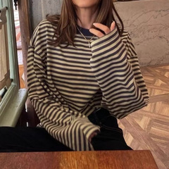 レトロコントラストストライプ長袖 Tシャツ女性のための 2025 初秋の新しいアメリカンスタイルルーズオフショルダーカジュアルレイジートップ