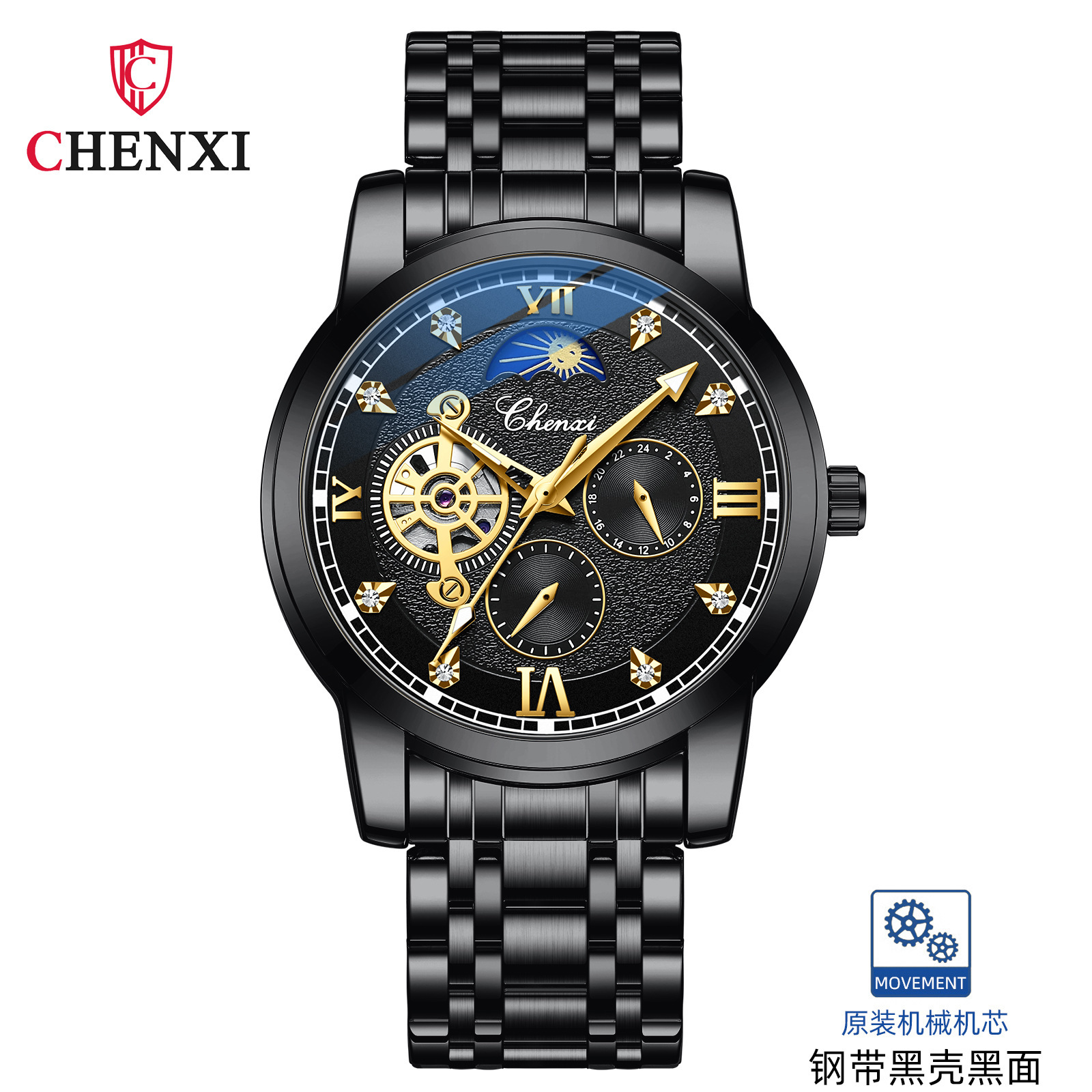 CHENXI reloj casual reloj mecánico automático de los hombres fase lunar nueva mariposa hebilla correa de acero hueco-hacia fuera transparente inferior