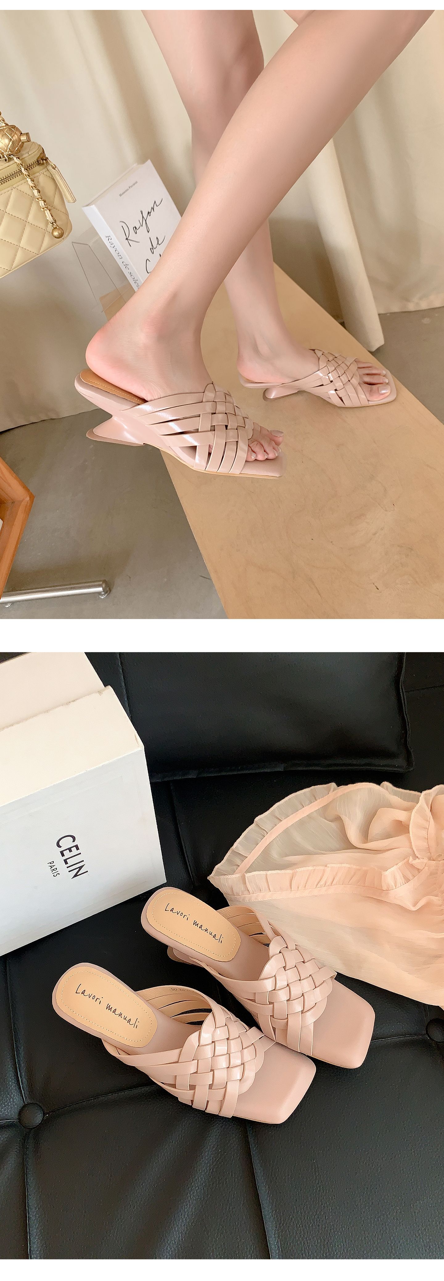 Sandal cao gót nữ mũi vuông đan chéo, gót xuồng 9 cm — Trần truồng hồng, màu đen, màu trắng ngà, bạc chi tiết 11