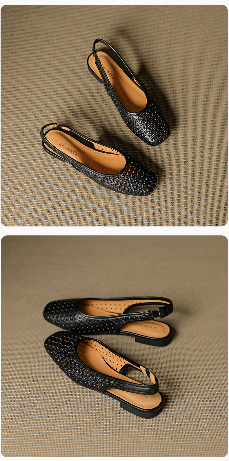 Sandal nữ đế bệt mũi bọc da bò, quai sau hở, phong cách vintage đan lỗ — đen chi tiết 27