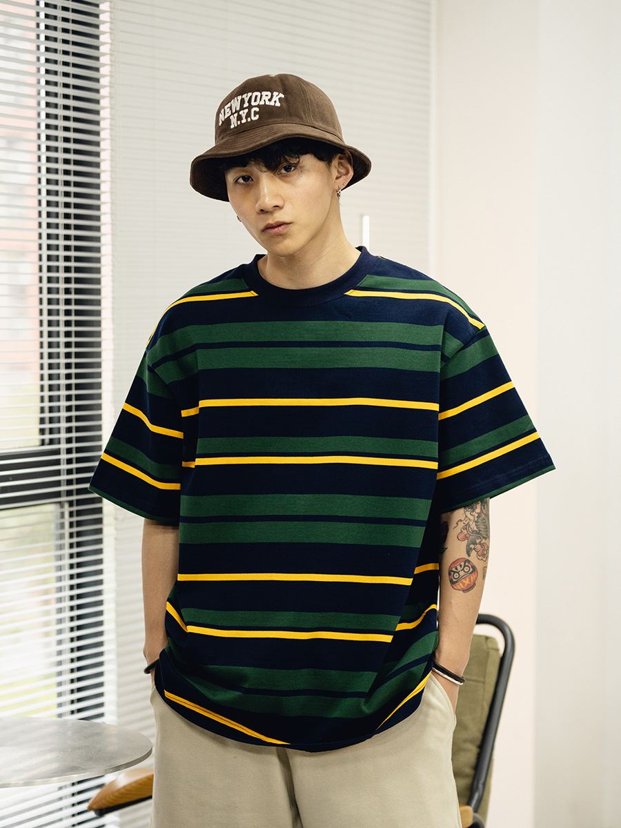 TRS 日潮シリーズ | 26SS特注織り310Gダブルヤーンラウンドネックストライプ半袖ルーズフィットドロップショルダー五分袖Tシャツメンズ