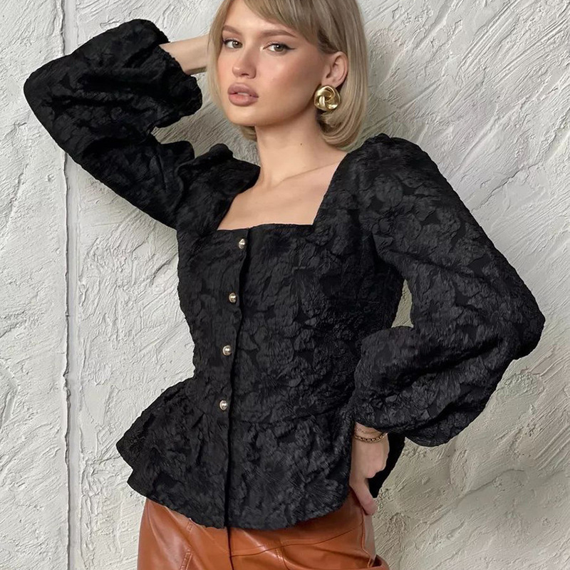 French-Style High-End Jacquard Shirt 2026 New Commuter Square Collar Puff Sleeve Women's Blouse Autumn Women's Clothing French-Style High-End Jacquard Shirt 2026 New Commuter Square Collar Puff Sleeve Women's Blouse Autumn Women's Clothing